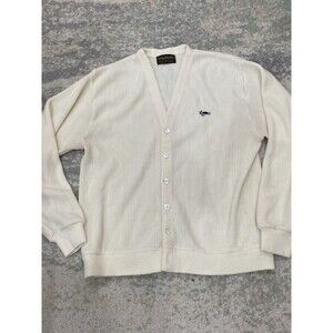 Vintage 60s 70s Sweater Mens L Turtle Logo Challenger Cream Rockabilly Cardigan